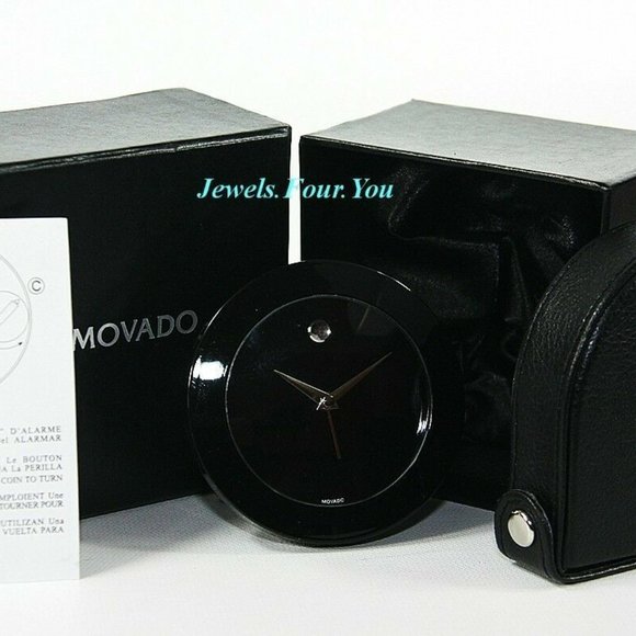 MOVADO BLACK ROUND TRAVEL ALARM CLOCK WITH CASE BRAND NEW ORIGINAL BOX - Picture 4 of 4